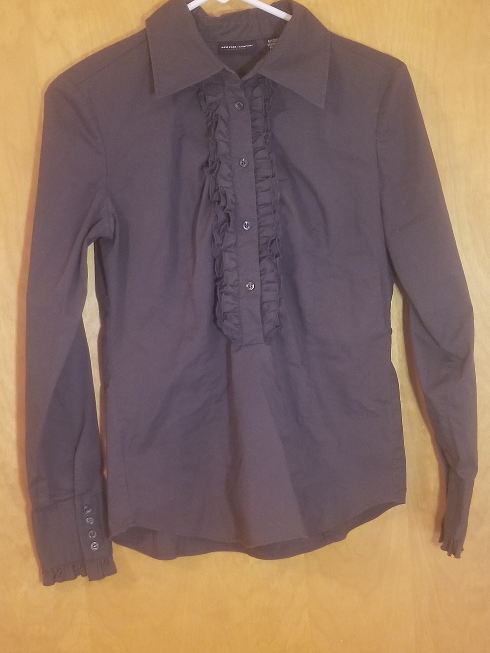 New York & Company Chocolate Ruffled Breasted Button Down Blouse Women's Size S